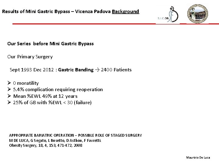 Results of Mini Gastric Bypass – Vicenza Padova Background Our Series before Mini Gastric