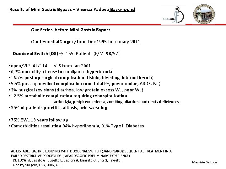 Results of Mini Gastric Bypass – Vicenza Padova Background Our Series before Mini Gastric