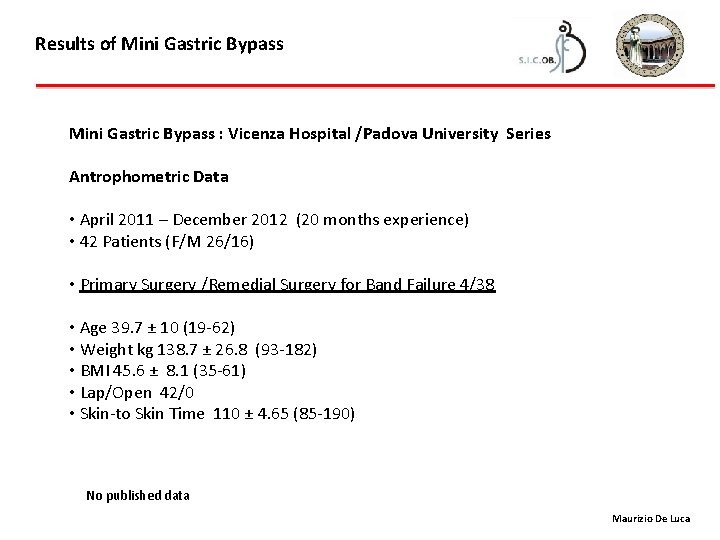 Results of Mini Gastric Bypass : Vicenza Hospital /Padova University Series Antrophometric Data •