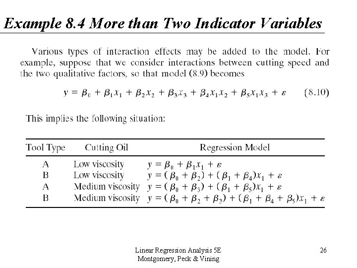 Example 8. 4 More than Two Indicator Variables Linear Regression Analysis 5 E Montgomery, Example 8. 4 More than Two Indicator Variables Linear Regression Analysis 5 E Montgomery,