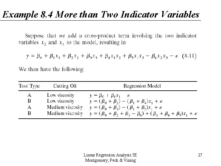 Example 8. 4 More than Two Indicator Variables Linear Regression Analysis 5 E Montgomery, Example 8. 4 More than Two Indicator Variables Linear Regression Analysis 5 E Montgomery,