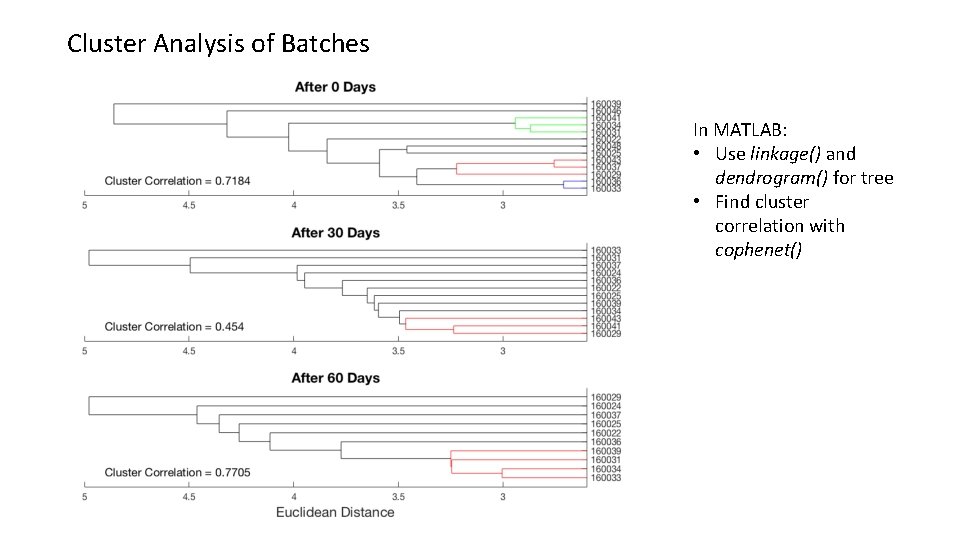 Cluster Analysis of Batches In MATLAB: • Use linkage() and dendrogram() for tree •