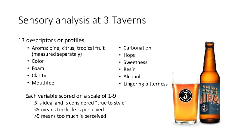 Sensory analysis at 3 Taverns 13 descriptors or profiles • Aroma: pine, citrus, tropical