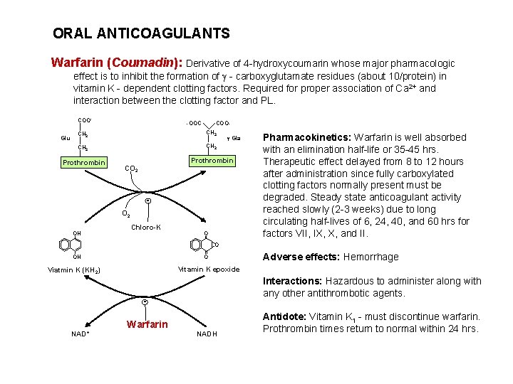 ORAL ANTICOAGULANTS Warfarin (Coumadin): Derivative of 4 -hydroxycoumarin whose major pharmacologic effect is to