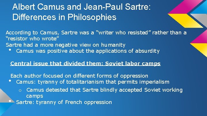 Albert Camus and Jean-Paul Sartre: Differences in Philosophies According to Camus, Sartre was a