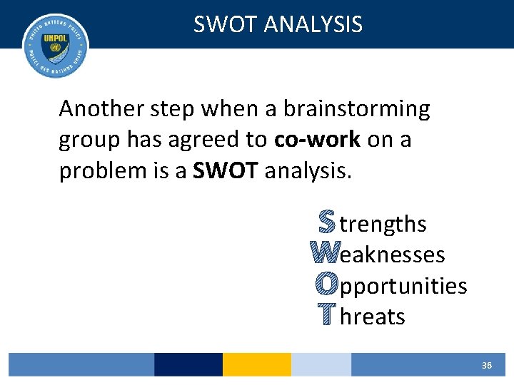 SWOT ANALYSIS Another step when a brainstorming group has agreed to co-work on a