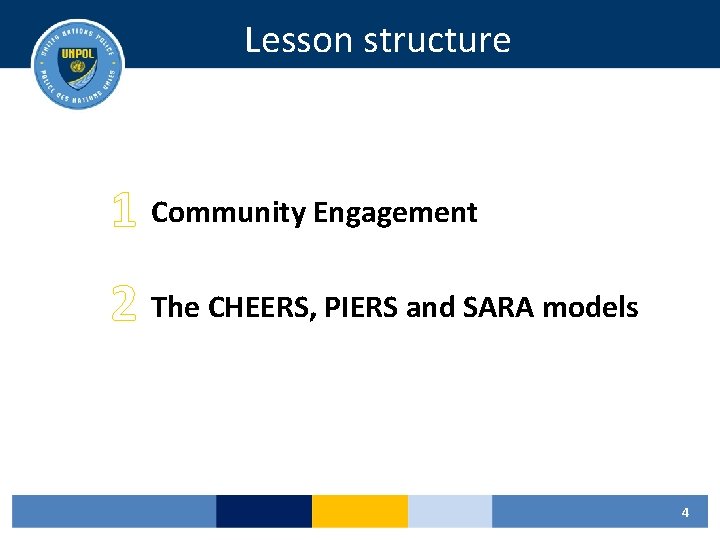 Lesson structure 1 Community Engagement 2 The CHEERS, PIERS and SARA models 4 