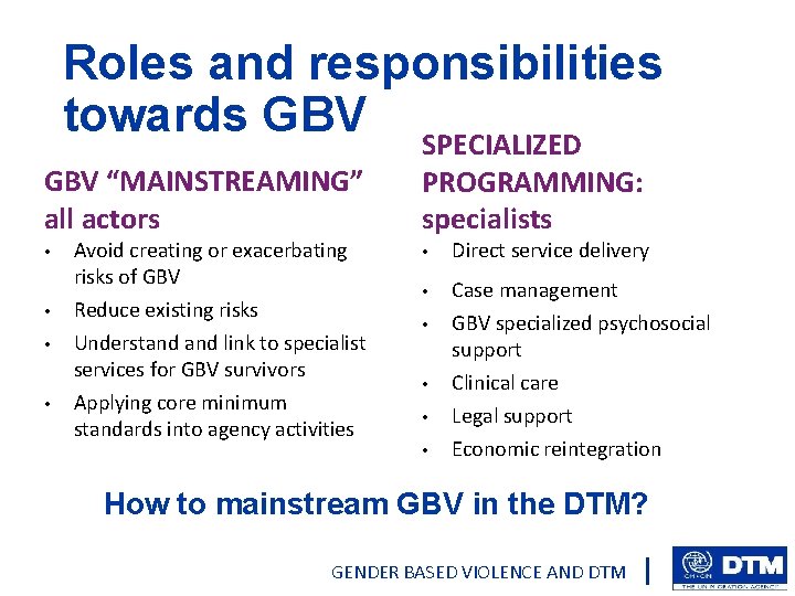 Roles and responsibilities towards GBV SPECIALIZED GBV “MAINSTREAMING” all actors PROGRAMMING: specialists • •