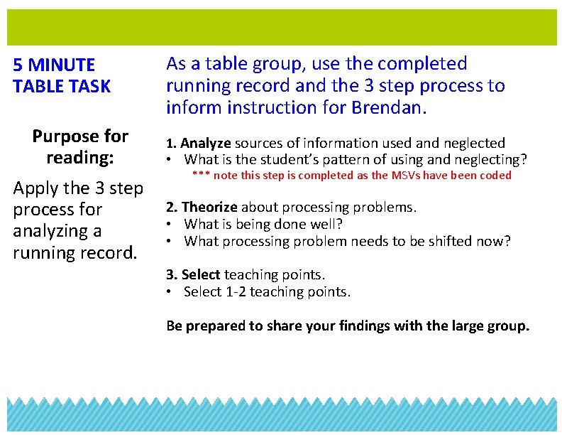 5 MINUTE TABLE TASK As a table group, use the completed running record and