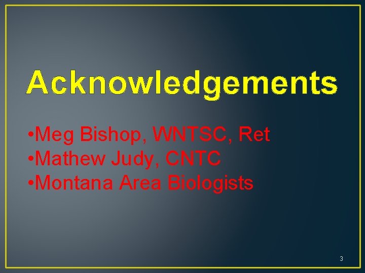 Acknowledgements • Meg Bishop, WNTSC, Ret • Mathew Judy, CNTC • Montana Area Biologists