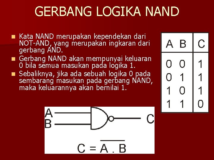 GERBANG LOGIKA NAND Kata NAND merupakan kependekan dari NOT-AND, yang merupakan ingkaran dari gerbang