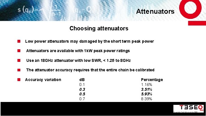 Attenuators Choosing attenuators Low power attenuators may damaged by the short term peak power