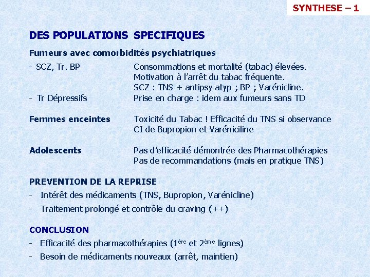  SYNTHESE – 1 DES POPULATIONS SPECIFIQUES Fumeurs avec comorbidités psychiatriques - SCZ, Tr.