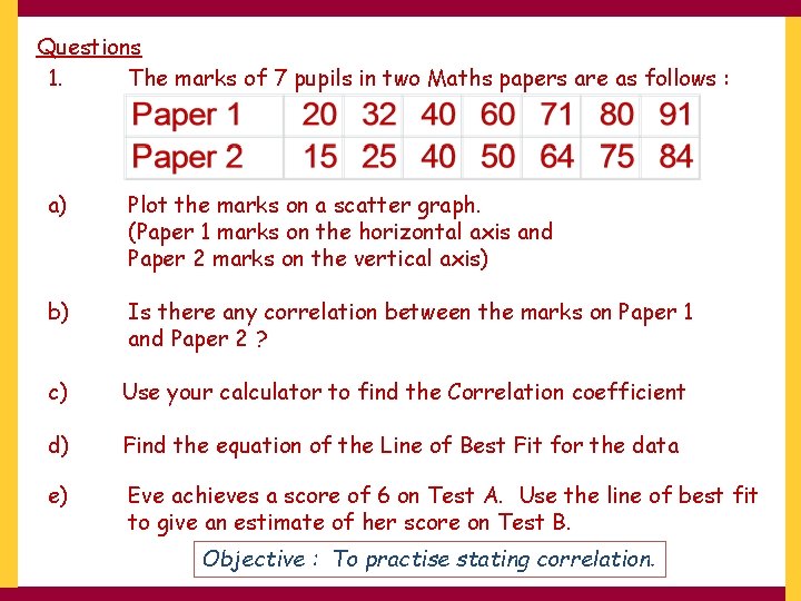 Questions 1. The marks of 7 pupils in two Maths papers are as follows