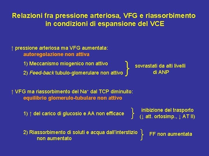 Relazioni fra pressione arteriosa, VFG e riassorbimento in condizioni di espansione del VCE ↑