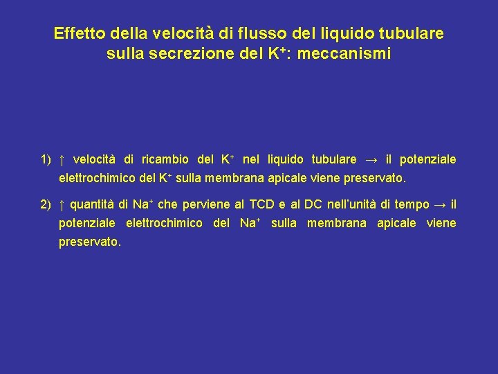 Effetto della velocità di flusso del liquido tubulare sulla secrezione del K+: meccanismi 1)