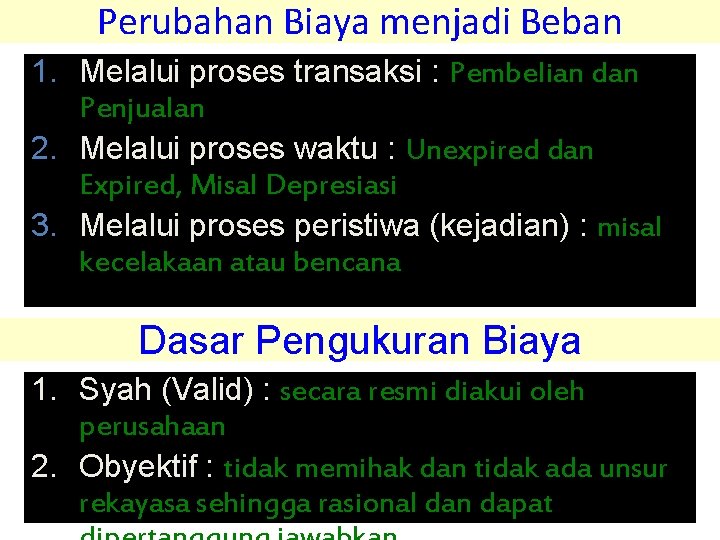 Perubahan Biaya menjadi Beban 1. Melalui proses transaksi : Pembelian dan Penjualan 2. Melalui