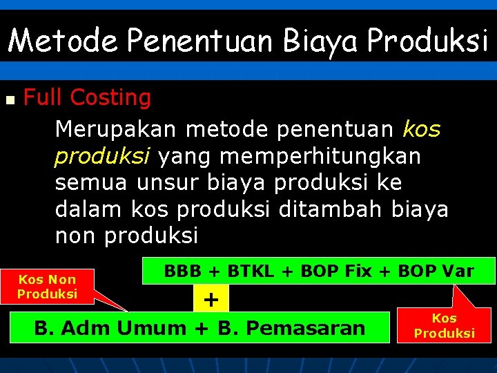Metode Penentuan Biaya Produksi n Full Costing Merupakan metode penentuan kos produksi yang memperhitungkan