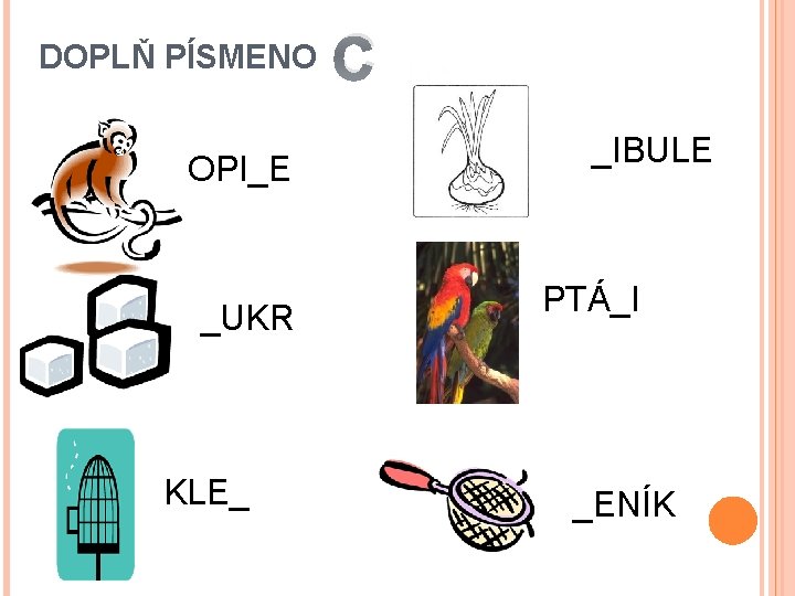 DOPLŇ PÍSMENO OPI_E _UKR KLE_ C _IBULE PTÁ_I _ENÍK 