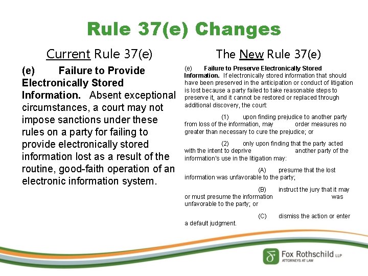 Rule 37(e) Changes Current Rule 37(e) The New Rule 37(e) Failure to Provide Electronically