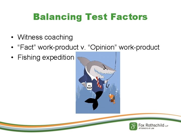 Balancing Test Factors • Witness coaching • “Fact” work-product v. “Opinion” work-product • Fishing