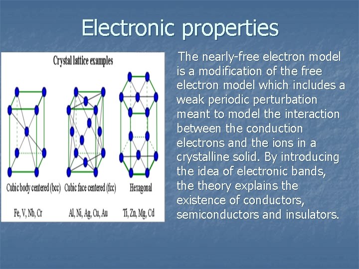 Electronic properties The nearly-free electron model is a modification of the free electron model