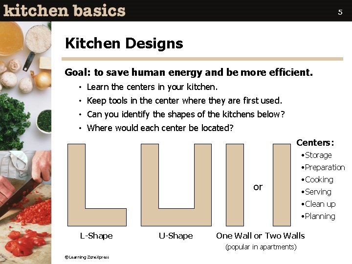 5 Kitchen Designs Goal: to save human energy and be more efficient. • Learn
