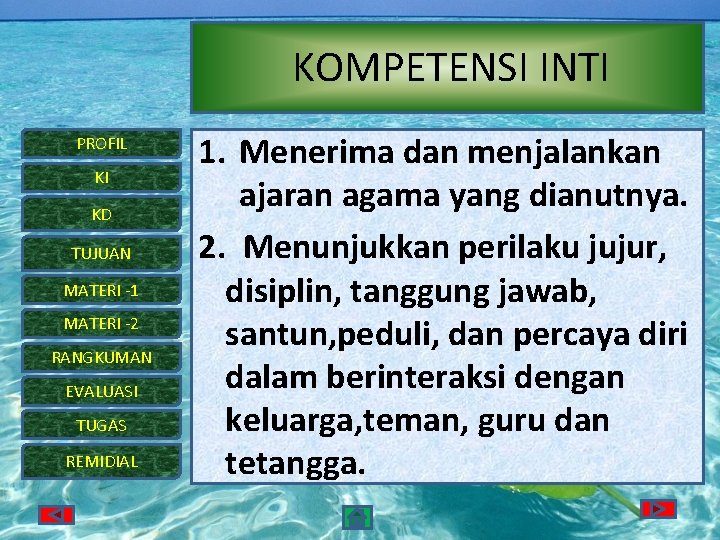 KOMPETENSI INTI PROFIL KI KD TUJUAN MATERI -1 MATERI -2 RANGKUMAN EVALUASI TUGAS REMIDIAL