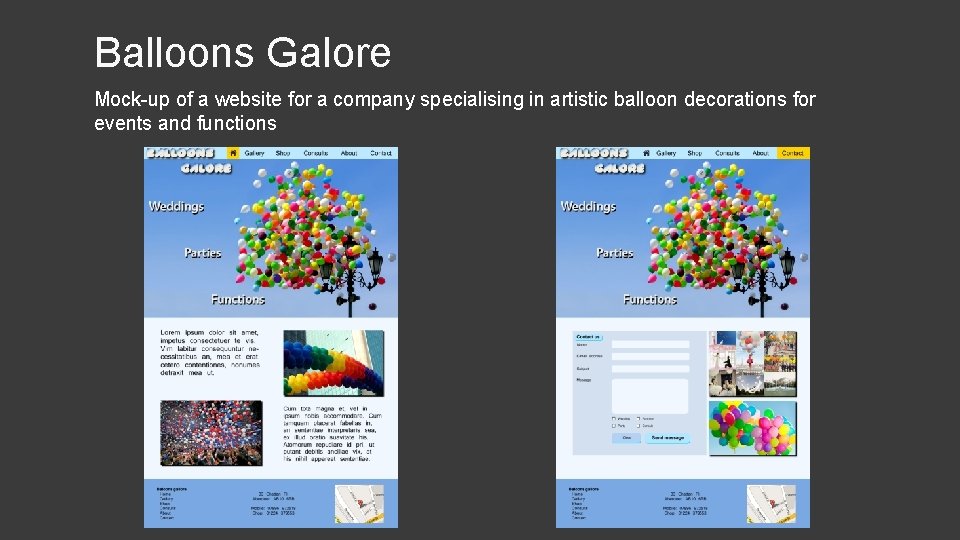 Balloons Galore Mock-up of a website for a company specialising in artistic balloon decorations