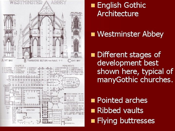 n English Gothic Architecture n Westminster Abbey n Different stages of development best shown
