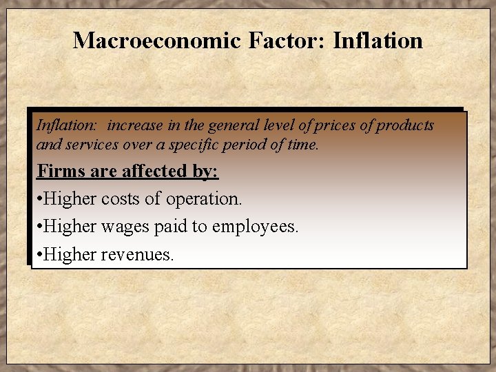 Macroeconomic Factor: Inflation: increase in the general level of prices of products and services