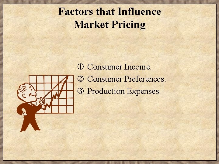 Factors that Influence Market Pricing Consumer Income. Consumer Preferences. Production Expenses. 