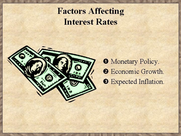 Factors Affecting Interest Rates Monetary Policy. Economic Growth. Expected Inflation. 