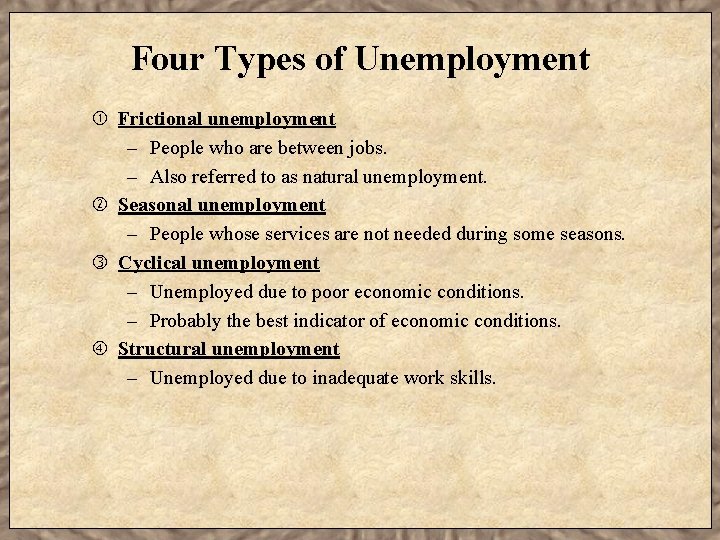 Four Types of Unemployment Frictional unemployment – People who are between jobs. – Also