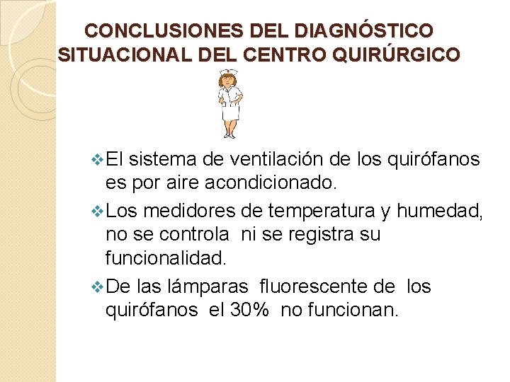 CONCLUSIONES DEL DIAGNÓSTICO SITUACIONAL DEL CENTRO QUIRÚRGICO v El sistema de ventilación de los