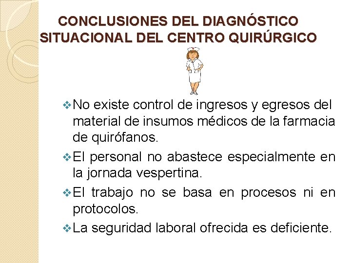 CONCLUSIONES DEL DIAGNÓSTICO SITUACIONAL DEL CENTRO QUIRÚRGICO v No existe control de ingresos y