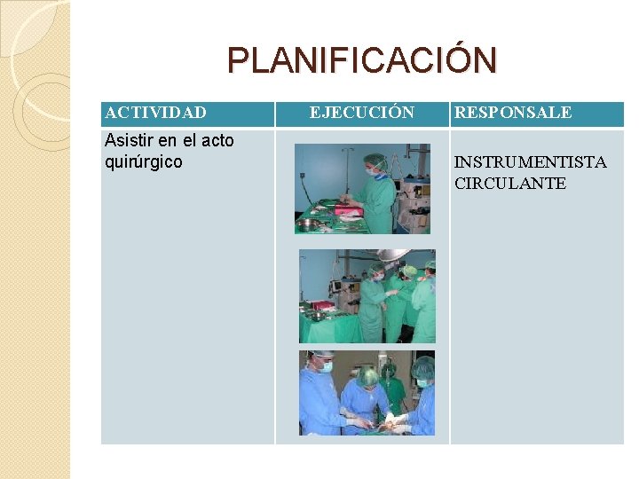 PLANIFICACIÓN ACTIVIDAD Asistir en el acto quirúrgico EJECUCIÓN RESPONSALE INSTRUMENTISTA CIRCULANTE 