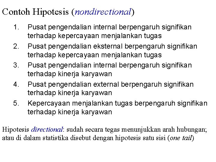 Contoh Hipotesis (nondirectional) 1. 2. 3. 4. 5. Pusat pengendalian internal berpengaruh signifikan terhadap Contoh Hipotesis (nondirectional) 1. 2. 3. 4. 5. Pusat pengendalian internal berpengaruh signifikan terhadap