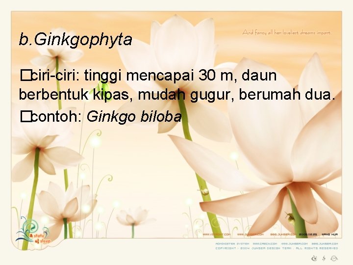 b. Ginkgophyta �ciri-ciri: tinggi mencapai 30 m, daun berbentuk kipas, mudah gugur, berumah dua.
