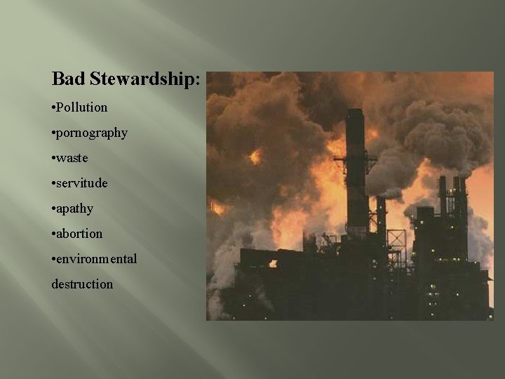 Bad Stewardship: • Pollution • pornography • waste • servitude • apathy • abortion