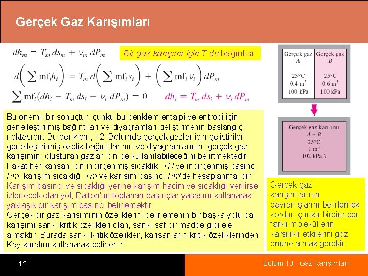 Gerçek Gaz Karışımları Bir gaz karışımı için T ds bağıntısı Bu önemli bir sonuçtur,