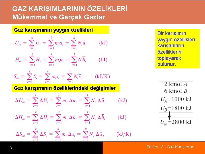 GAZ KARIŞIMLARININ ÖZELİKLERİ Mükemmel ve Gerçek Gazlar Gaz karışımının yaygın özelikleri Bir karışımın yaygın