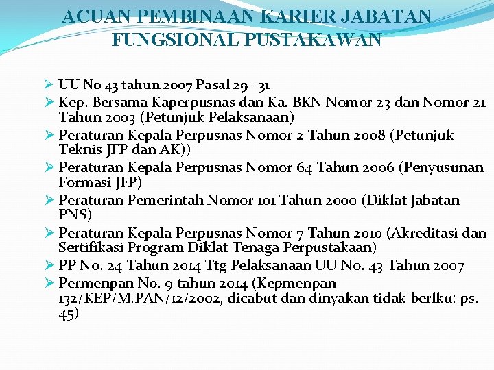 ACUAN PEMBINAAN KARIER JABATAN FUNGSIONAL PUSTAKAWAN Ø UU No 43 tahun 2007 Pasal 29 ACUAN PEMBINAAN KARIER JABATAN FUNGSIONAL PUSTAKAWAN Ø UU No 43 tahun 2007 Pasal 29