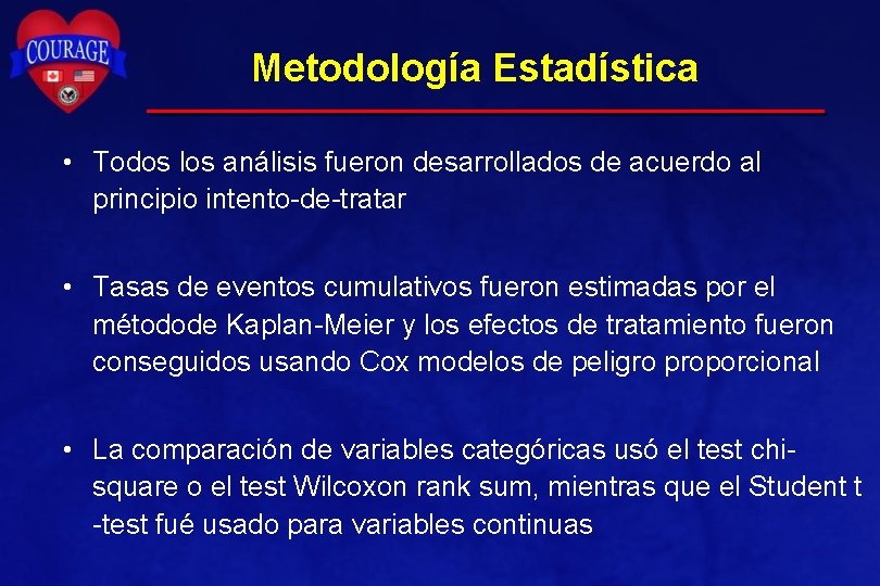 Metodología Estadística • Todos los análisis fueron desarrollados de acuerdo al principio intento-de-tratar •