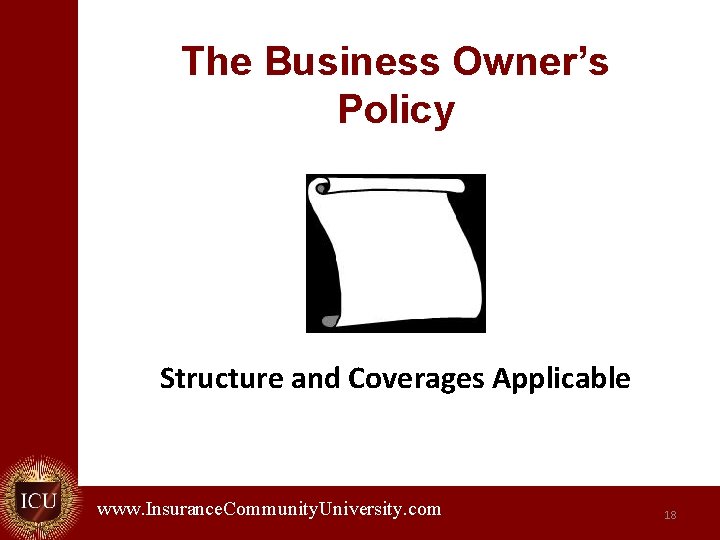 The Business Owner’s Policy Structure and Coverages Applicable www. Insurance. Community. University. com. 18