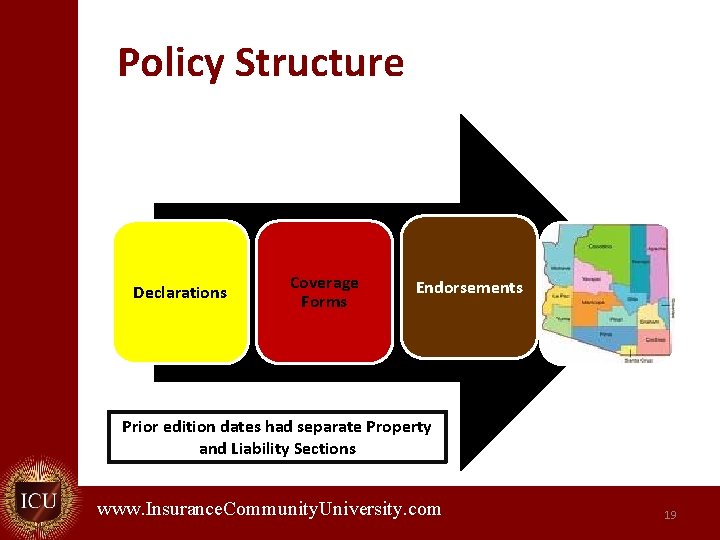 Policy Structure Declarations Coverage Forms Endorsements Prior edition dates had separate Property and Liability