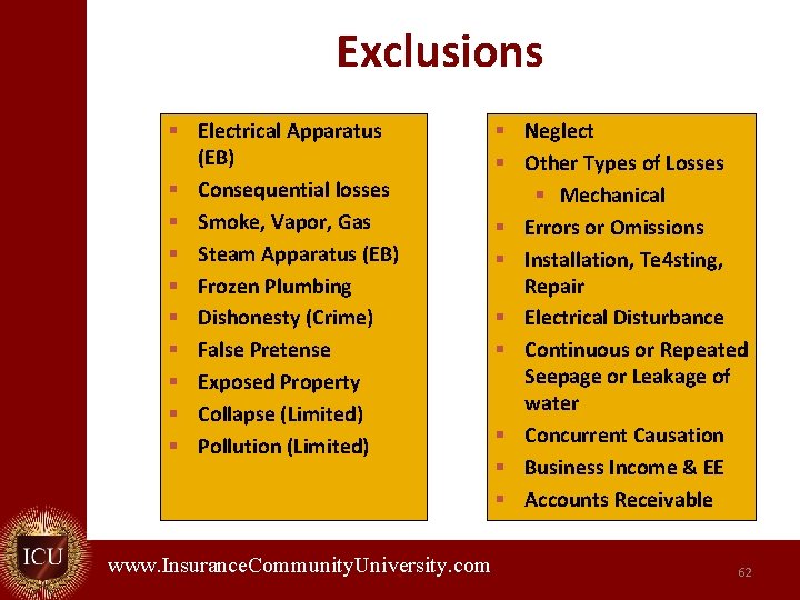 Exclusions § Electrical Apparatus (EB) § Consequential losses § Smoke, Vapor, Gas § Steam