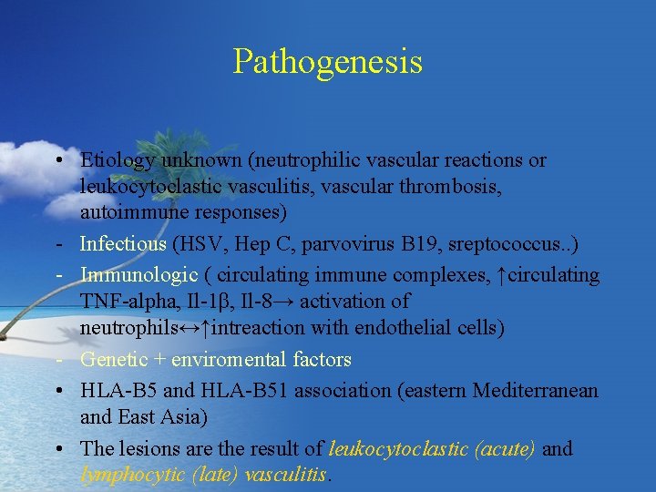 Pathogenesis • Etiology unknown (neutrophilic vascular reactions or leukocytoclastic vasculitis, vascular thrombosis, autoimmune responses)