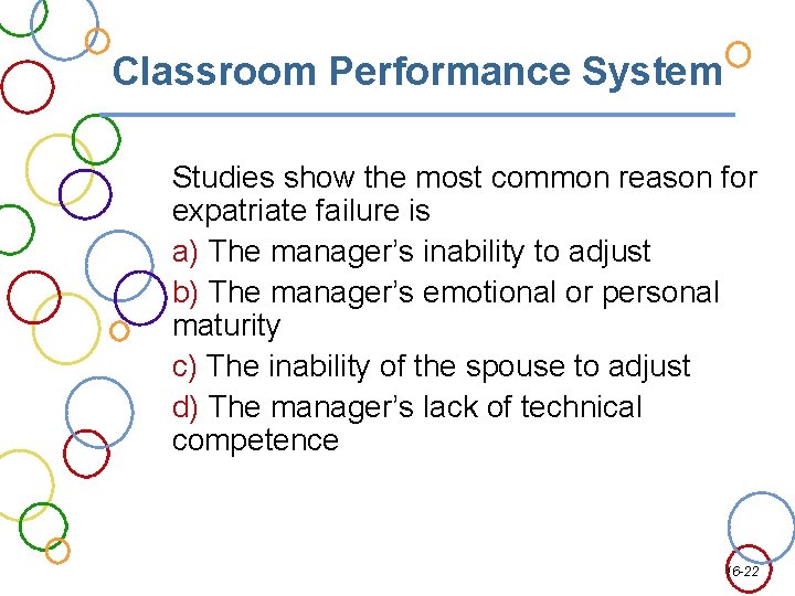 Classroom Performance System Studies show the most common reason for expatriate failure is a)