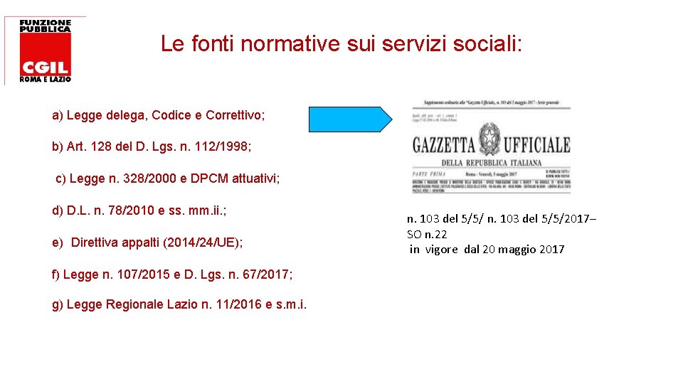 Le fonti normative sui servizi sociali: a) Legge delega, Codice e Correttivo; b) Art.